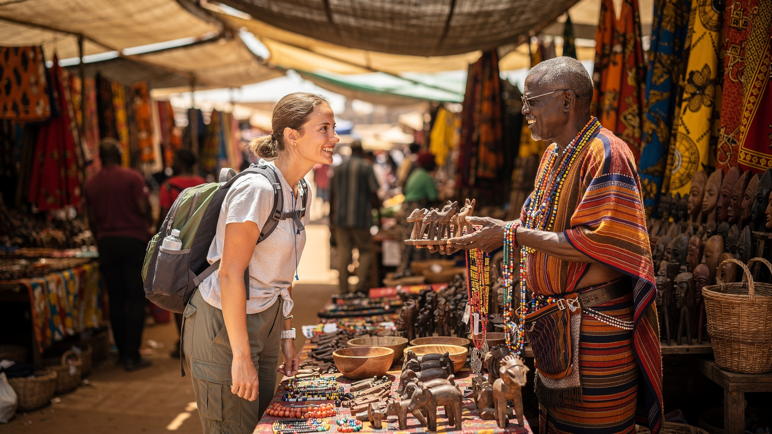 Uśmiechnięta polska podróżniczka rozmawia z lokalnym sprzedawcą rękodzieła na ruchliwym targu Maasai Market w Nairobi.