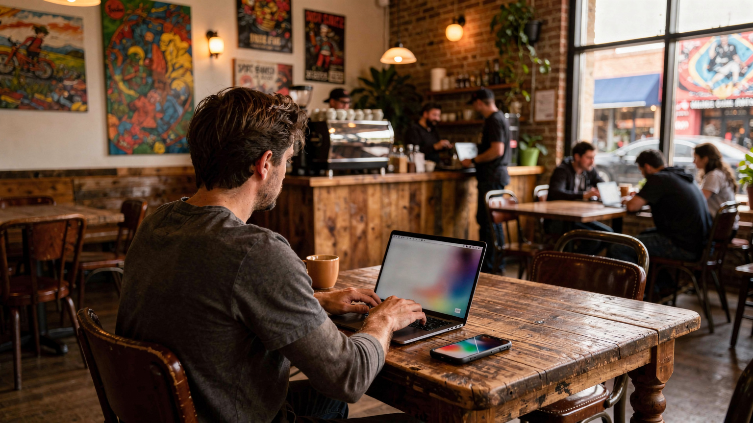 A person at a café in Austin, Texas, working on a laptop with an open smartphone beside it, showing the digital nomad lifestyle.