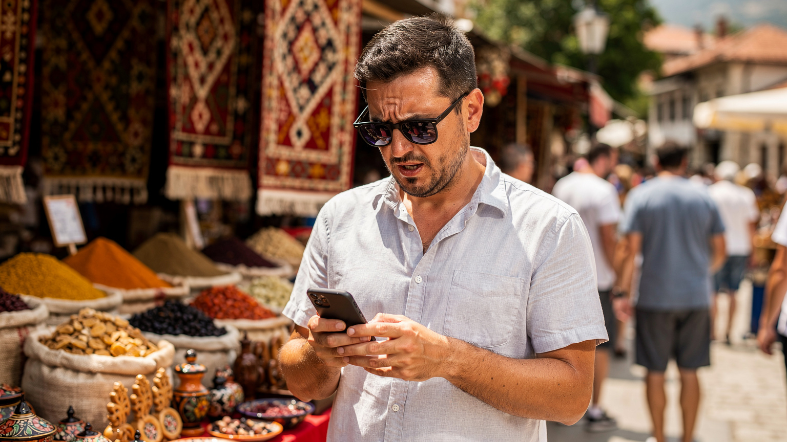 Ένας άντρας με γυαλιά ηλίου στέκεται σε ένα πολυσύχναστο βαλκανικό παζάρι, κοιτάζοντας ανήσυχος το smartphone του, με φόντο παραδοσιακά προϊόντα και πολύχρωμα υφάσματα.