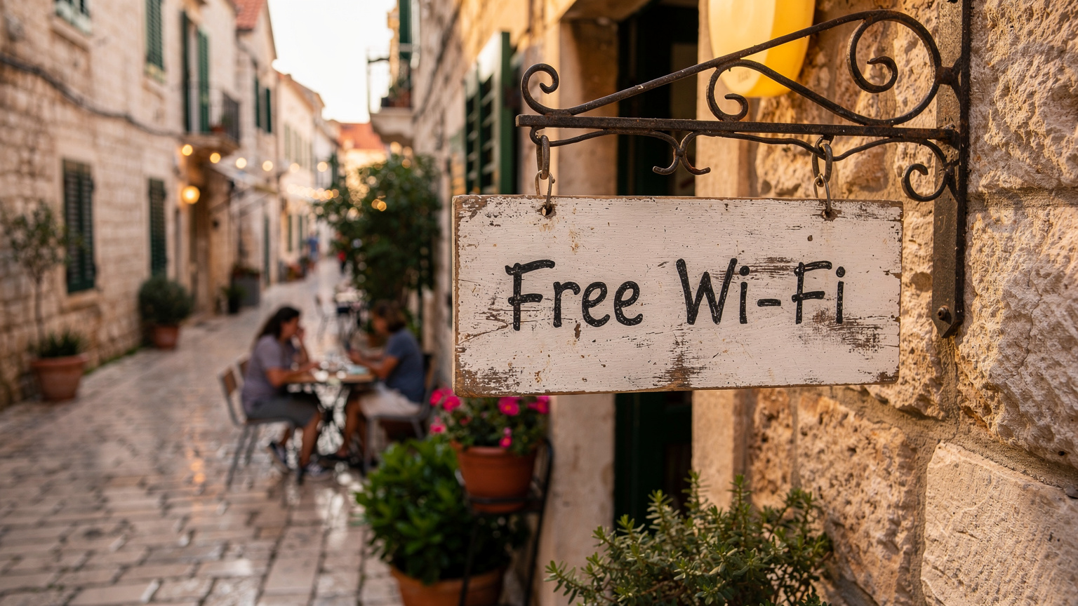 En handskriven skylt på ett mysigt kafé i Gamla stan i Split, Kroatien, som tydligt annonserar 'Free Wi-Fi', med turister som sitter vid bord och använder sina telefoner i den varma eftermiddagssolen.