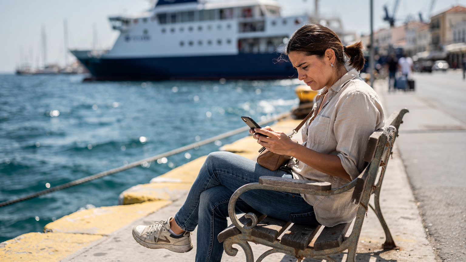En kvinna sitter på en bänk i hamnen i Pireus, Aten, med en smartphone i handen och tittar med en lätt bekymrad min på skärmen, som om hon har dålig täckning. Bakom henne syns en färja och Medelhavet under en klar himmel.