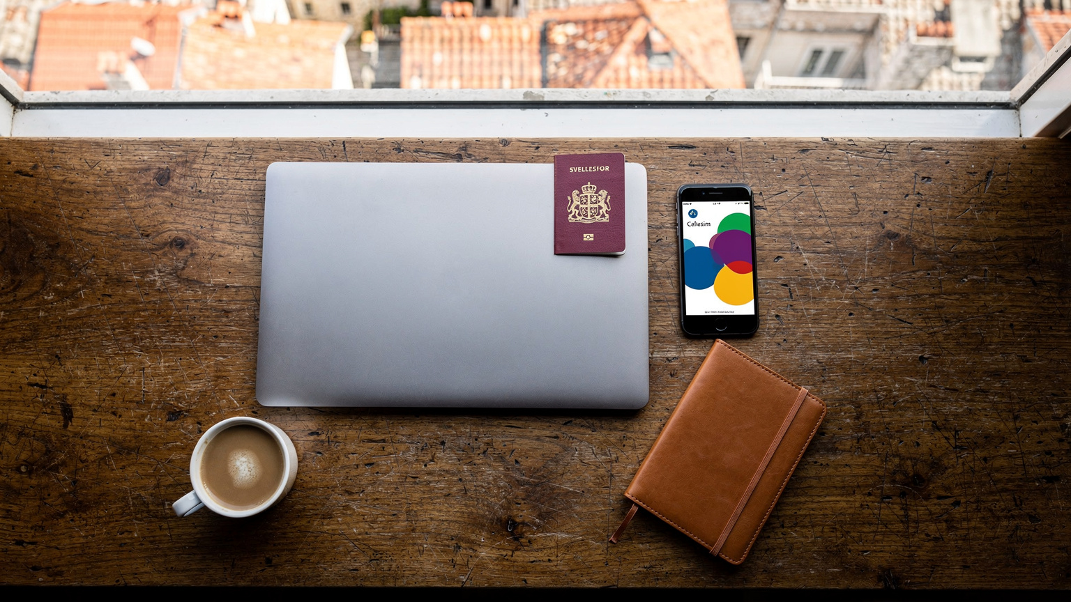 En genomtänkt flat lay-bild på ett skrivbord med en bärbar dator, en smartphone som visar Cellesim-appen, ett svenskt pass, en anteckningsbok och en kaffekopp. Bakgrunden är ett fönster som vetter mot en medelhavsstad med tegeltak och gamla byggnader.