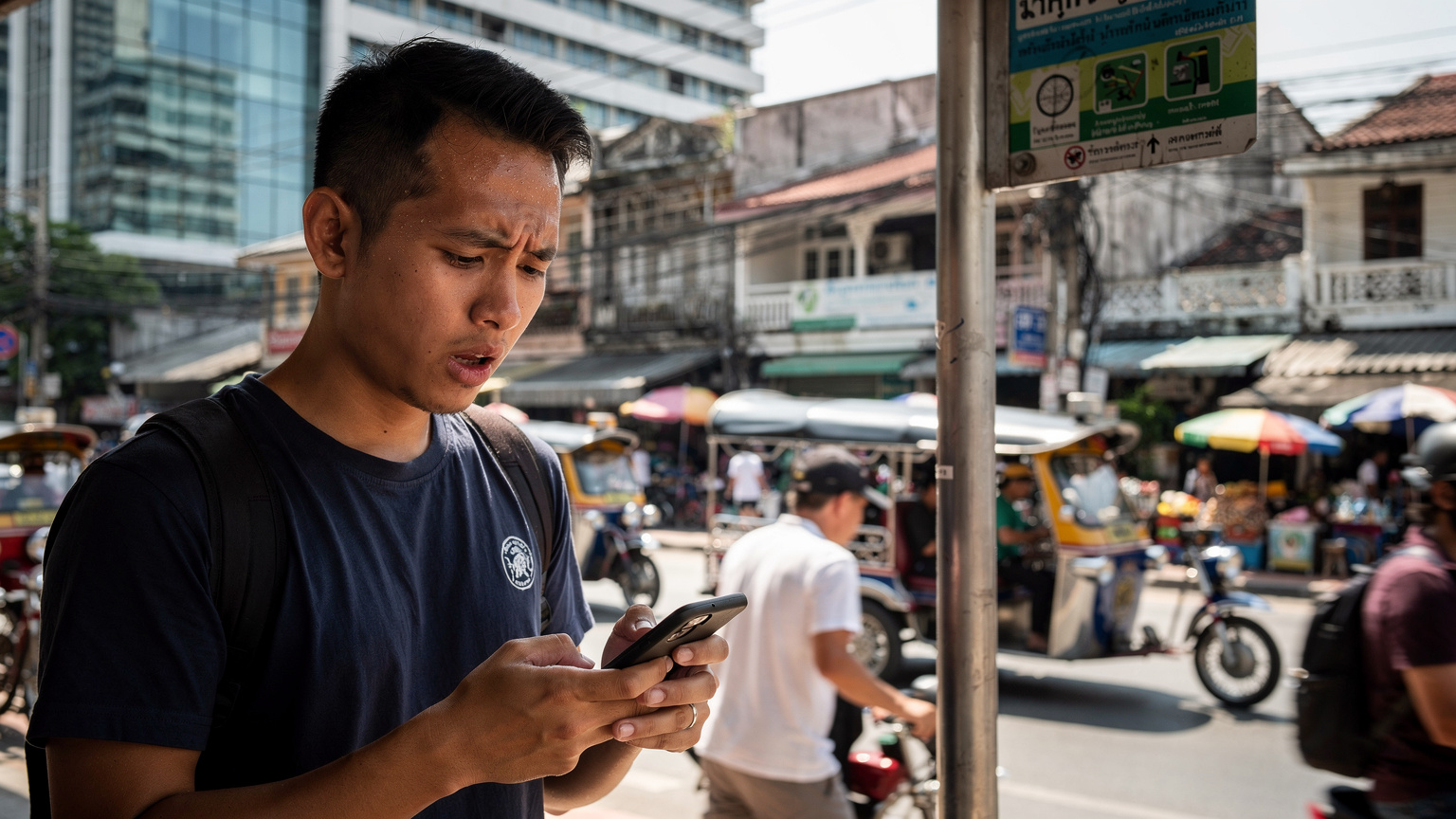 Asya'da, Tayland'daki bir toplu taşıma durağında telefonundaki haritaya bakarken sinirli görünen genç bir adam. Arkasında yerel bir otobüs durağı tabelası ve kalabalık bir sokak manzarası var.