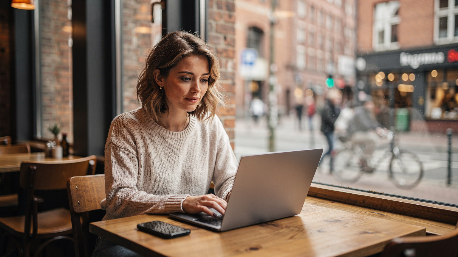 Eine Person sitzt in einem Café in Hamburg, arbeitet am Laptop und nutzt dabei das Smartphone als Hotspot mit eSIM-Daten. Draußen ist ein belebter Stadtteil zu sehen.
