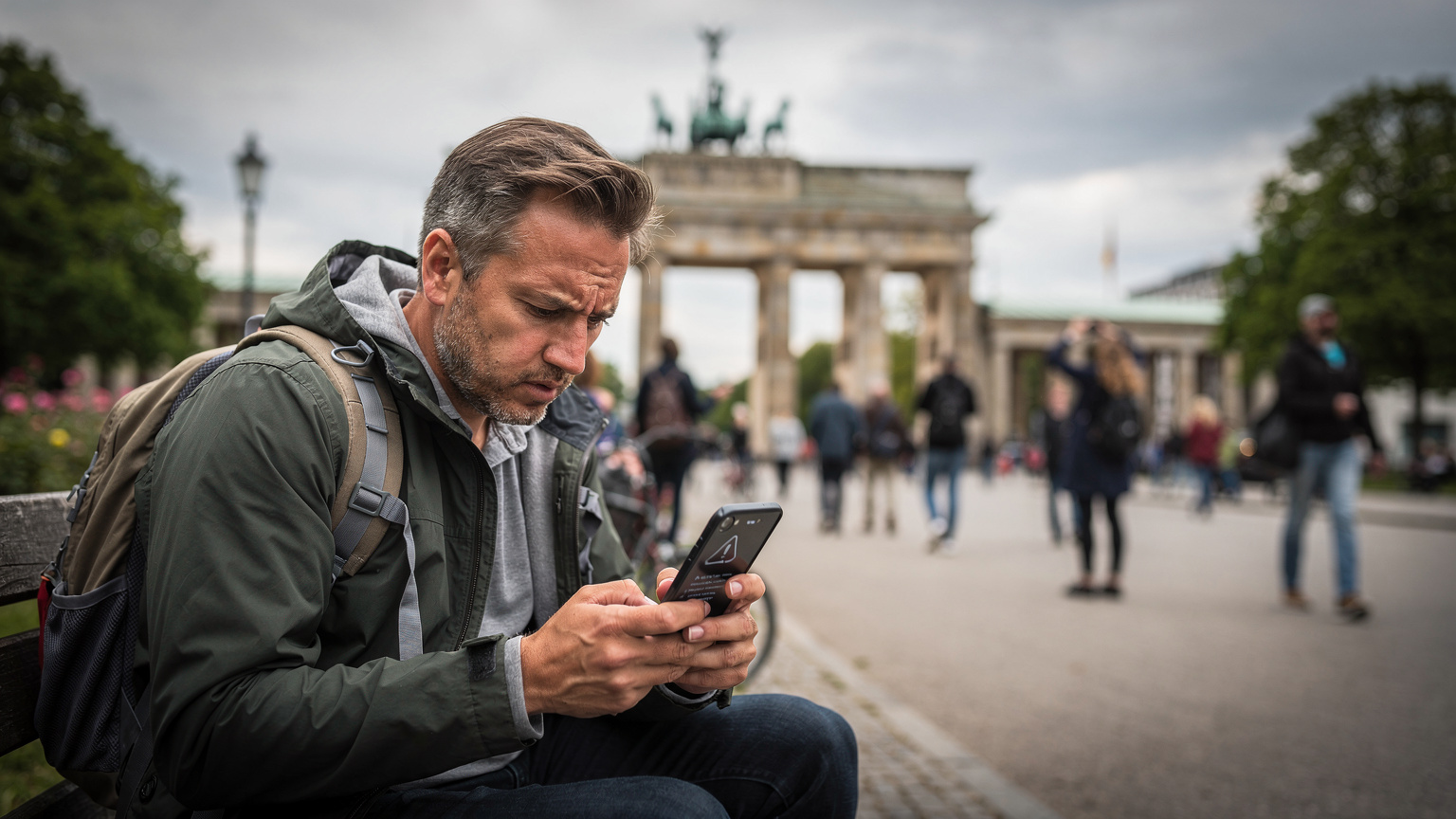 Ein Reisender sitzt frustriert auf einer Parkbank in der Nähe des Brandenburger Tors in Berlin, blickt besorgt auf sein Smartphone, das keine Verbindung hat. Im Hintergrund sind andere Touristen und das Brandenburger Tor zu sehen.