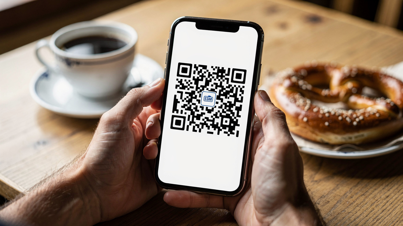 Detailaufnahme von Händen, die ein Smartphone halten, auf dem der QR-Code zur eSIM-Aktivierung angezeigt wird. Im Hintergrund ist eine deutsche Kaffeetasse und eine Brezel zu sehen.