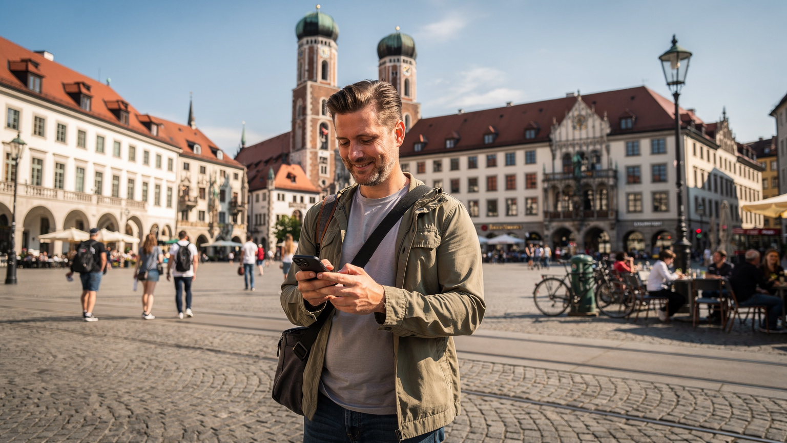 Ein Reisender am Marienplatz in München überprüft seine eSIM-Verbindung. Im Hintergrund ist die Frauenkirche zu sehen.