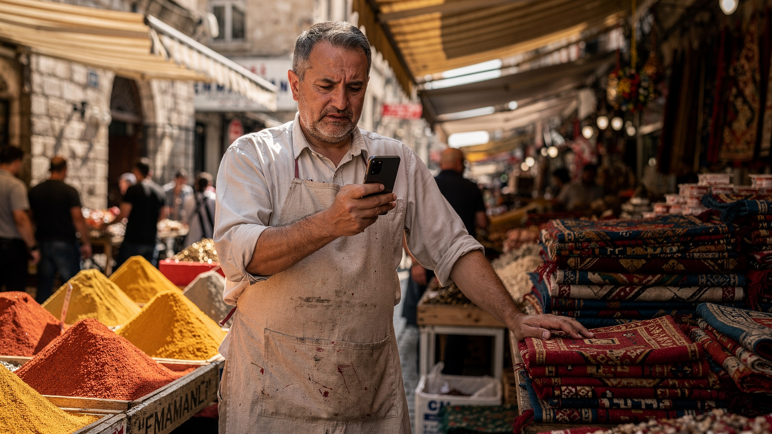 İstanbul'un kalabalık bir pazarında bir satıcı, telefonunda eSIM ile gelen bir mesajı kontrol ediyor.