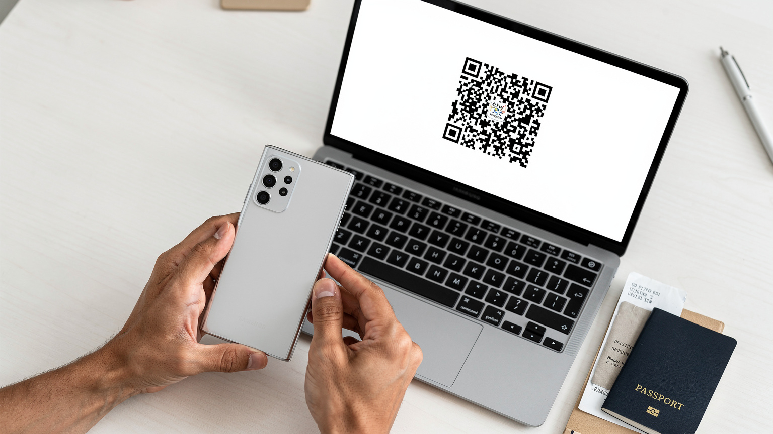 Bir seyahatçi, telefonunda eSIM profilini etkinleştirmek için QR kodunu tarıyor, süreç oldukça pratik.