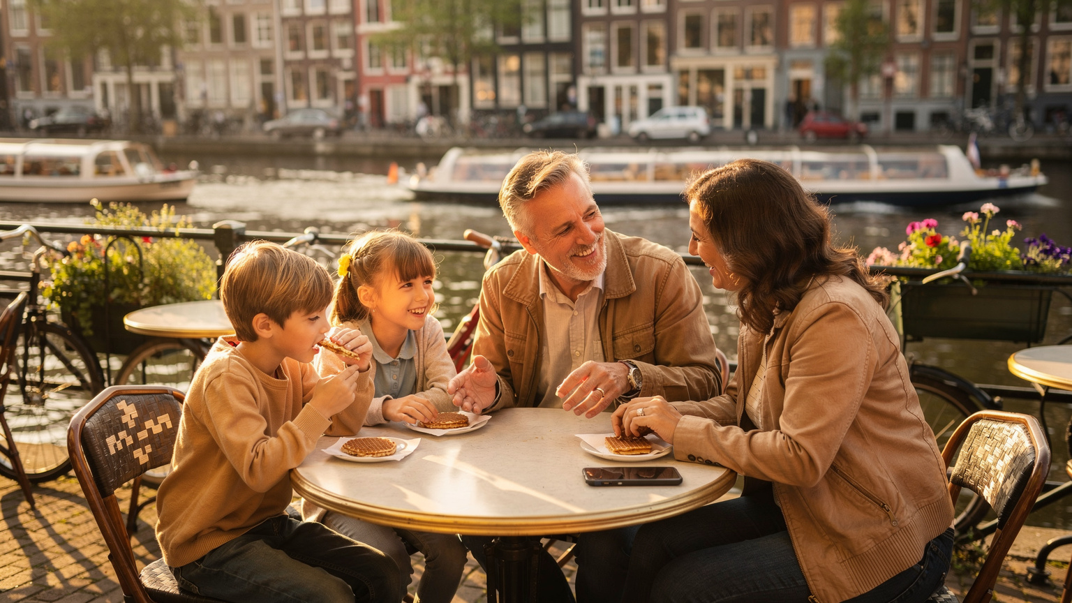 Bir aile, Amsterdam'da bir kafe terasında, telefonlarını bir kenara bırakmış, birbirleriyle sohbet ederek yerel bir atıştırmalığın tadını çıkarıyor.