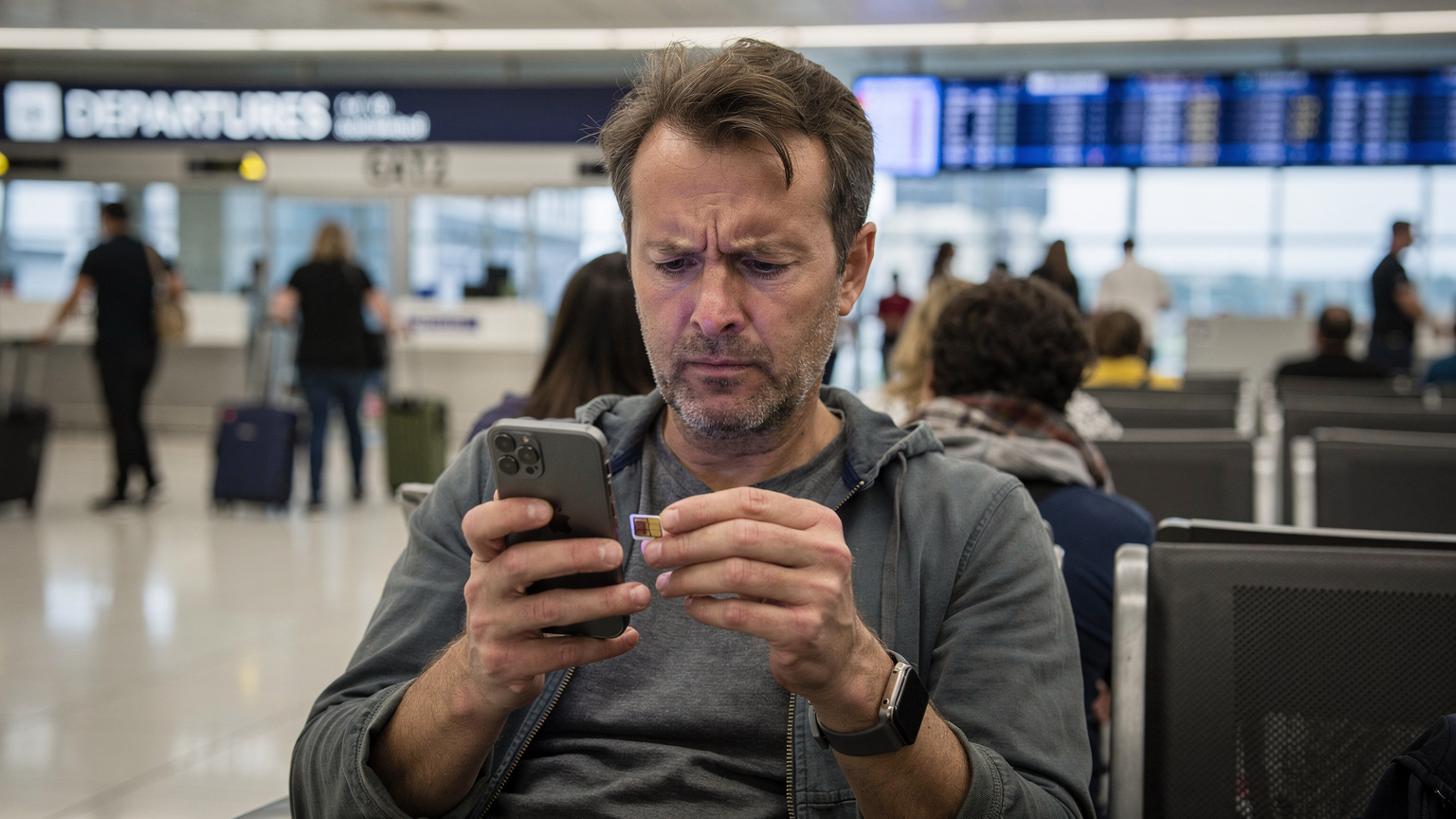 Un viajero frustrado en un aeropuerto internacional abarrotado, sosteniendo su iPhone y una diminuta tarjeta SIM física, intentando insertarla con una expresión de preocupación, mientras mira la pantalla de su teléfono. La escena evoca la dificultad de gestionar SIMs físicas en tránsito.