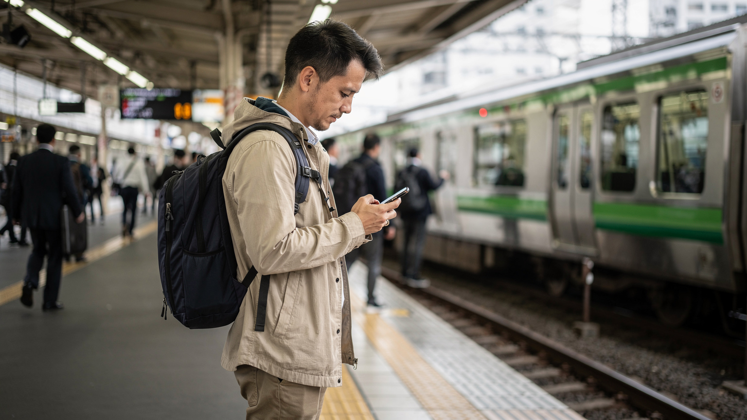 Un viajero con mochila mira su iPhone en la estación de tren de Shinagawa, Tokio, con trenes de la línea Yamanote y personas moviéndose rápidamente en el fondo, simbolizando la conectividad en un entorno de tránsito rápido.