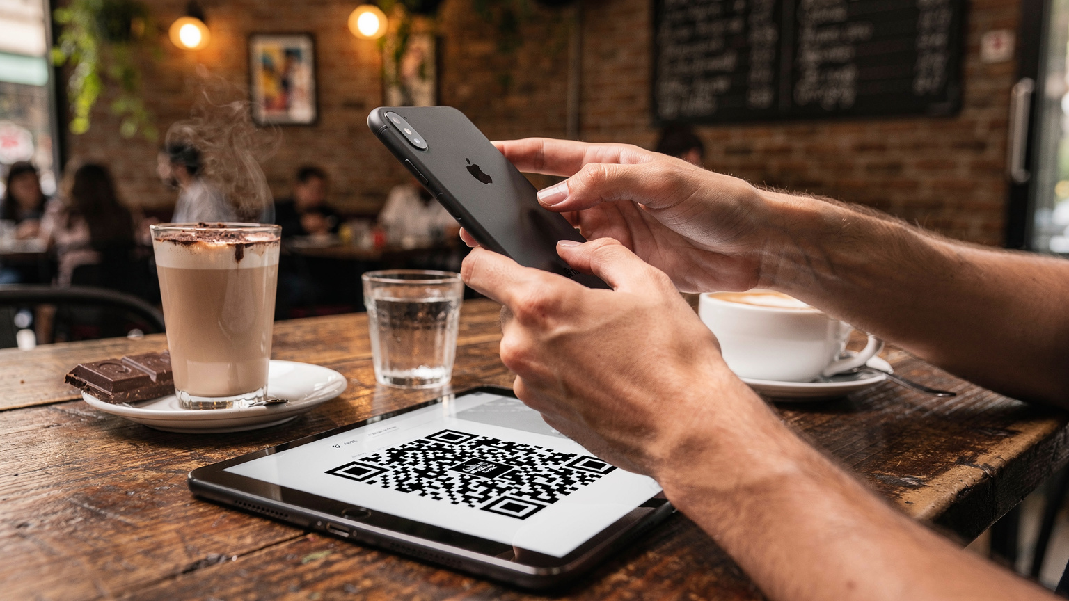Manos de un viajero sosteniendo un iPhone y escaneando un código QR desde otro dispositivo, en una mesa de madera en una animada cafetería en Buenos Aires, con un submarino de chocolate y un café con leche a un lado, y el bullicio de la gente en el fondo.