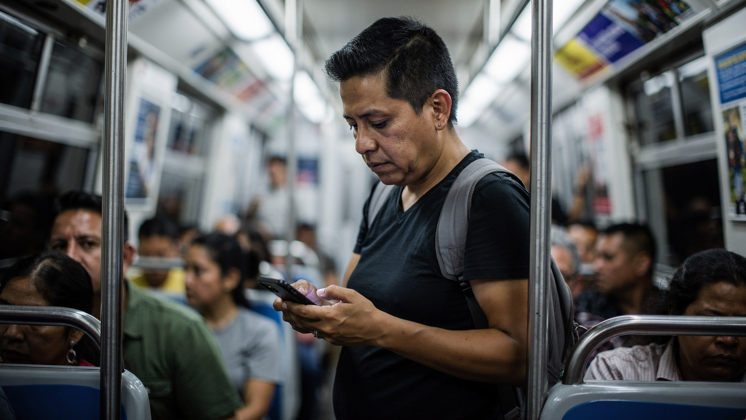 Mexico City metrosunun yoğun saatlerinde, kalabalık bir vagonda ayakta duran bir yolcunun telefonuna dikkatle baktığı anın fotoğrafı.