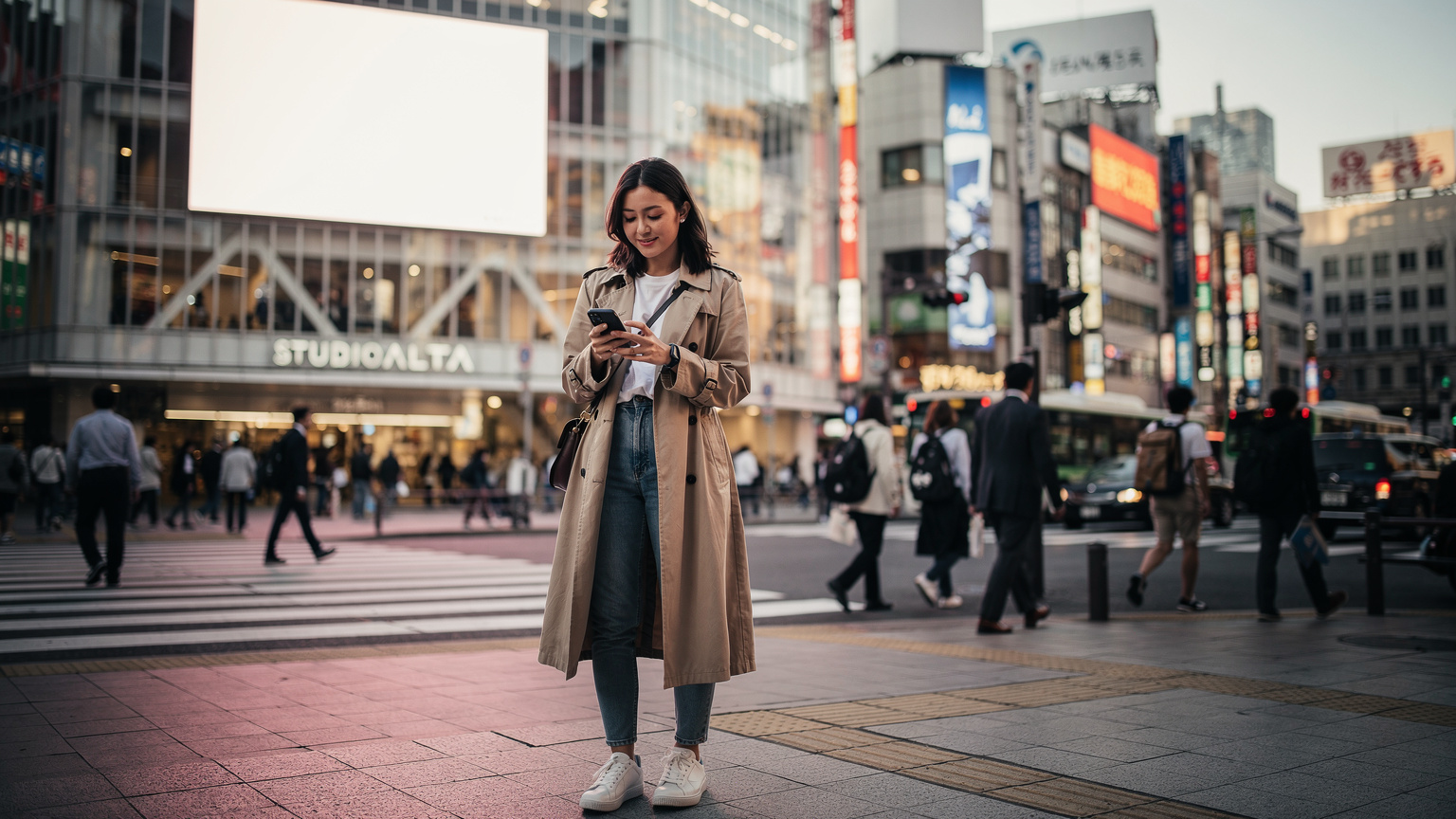 一位旅客在東京新宿的繁忙街頭,手持手機,利用eSIM網路導航,背景是新宿站前高樓林立的現代都市景觀。