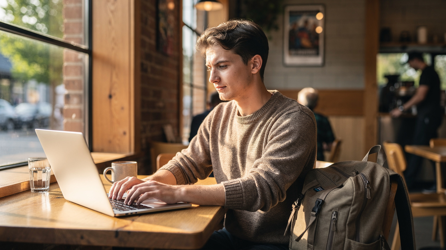 A digital nomad works on a laptop at a sun-drenched cafe in Seattle, a travel bag beside them, illustrating the blend of travel and remote work.