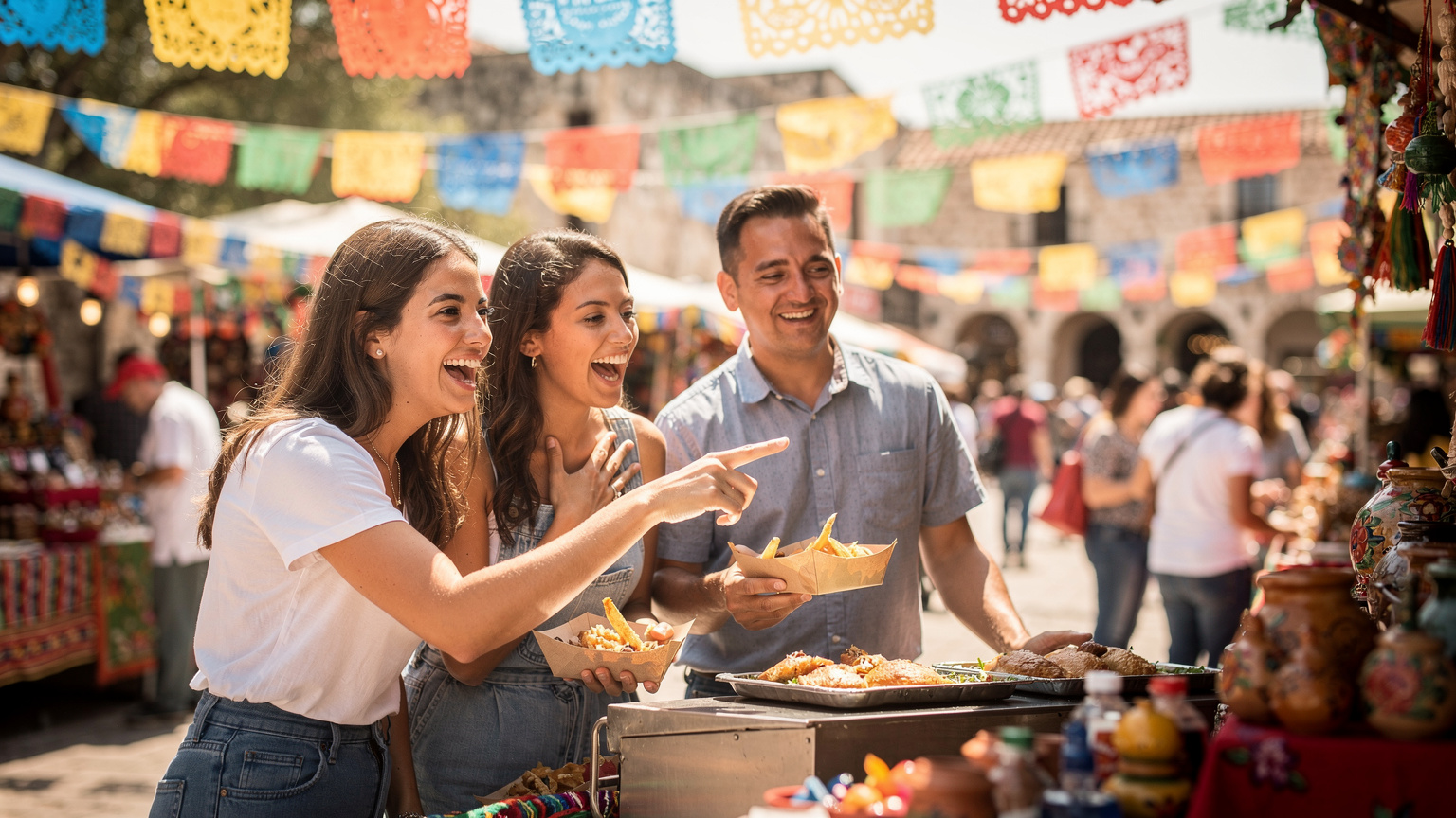 A diverse group of friends laugh and chat at a lively outdoor market in San Antonio, Texas, against a backdrop of colorful stalls and historic architecture, showcasing local interaction.