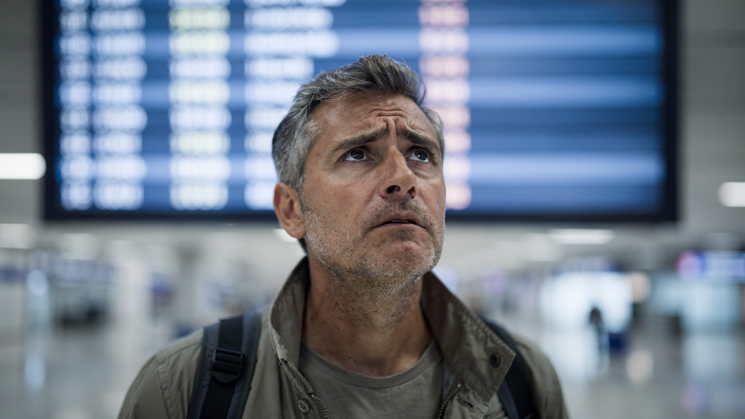 Un călător examinează panoul de sosiri-plecări la Aeroportul Atena, cu o expresie ușor îngrijorată, pe fundalul luminat de lumina fluorescentă a aeroportului.