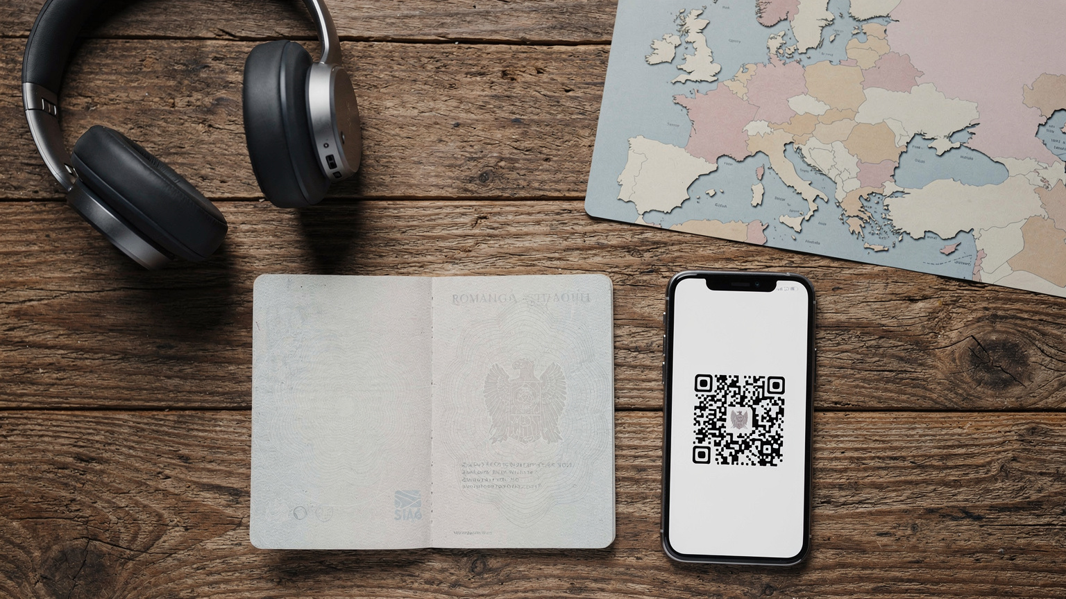 O ilustrație detaliată a unui pașaport românesc deschis, alături de un smartphone care afișează un cod QR pentru eSIM, căști și o hartă stilizată a Europei, așezate pe o masă de lemn, într-un stil de fotografiere plat.