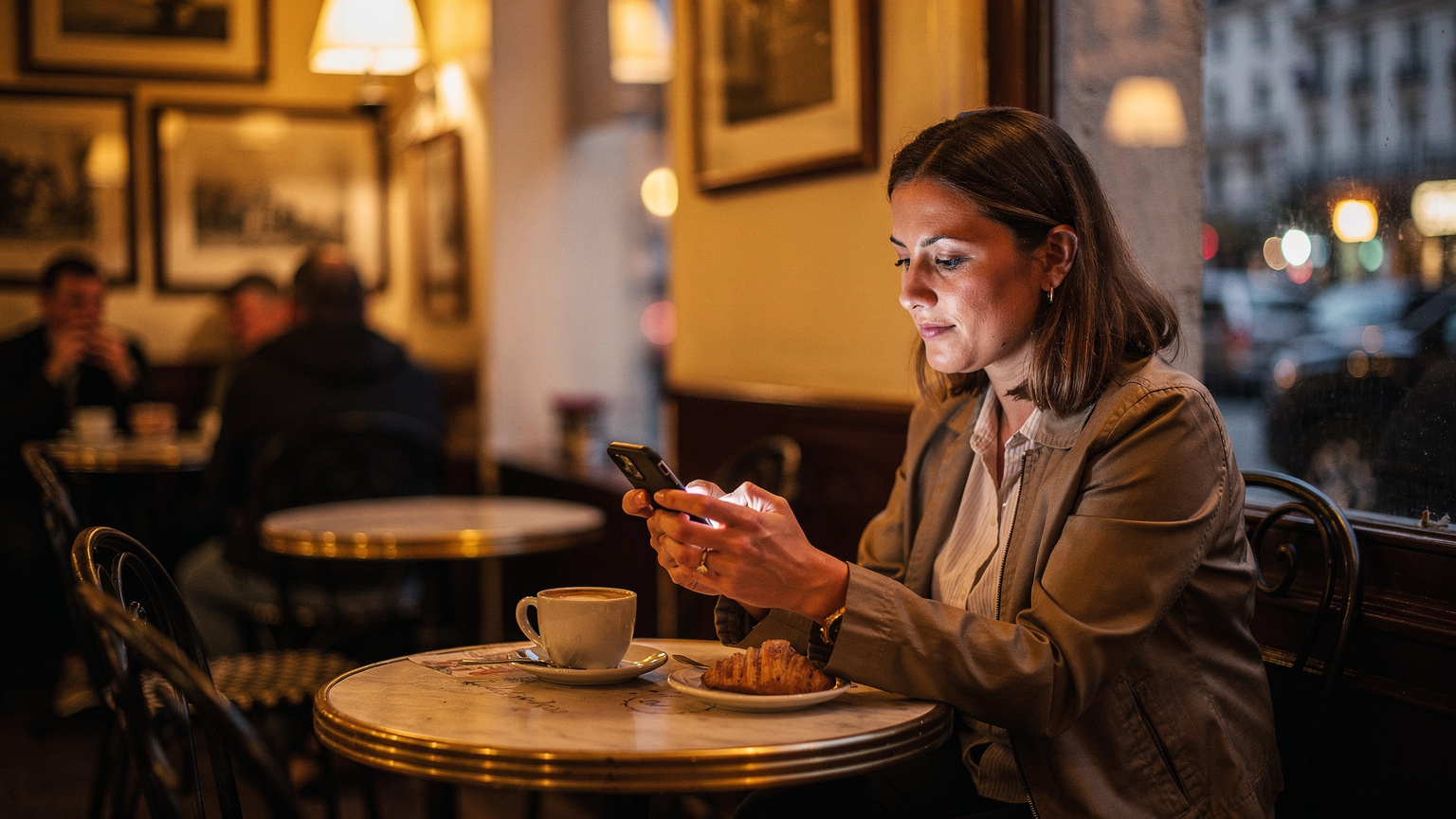 Un călător folosește un smartphone la o cafenea aglomerată din cartierul Montmartre, Paris, cu o ambianță caldă de la lumina lămpii de seară.