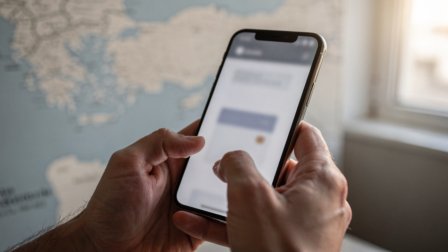 O persoană ține un smartphone, afișând un ecran de activare eSIM, cu o hartă a orașului Istanbul pe fundal estompat, la lumina naturală a dimineții, în stil fotografic Wirecutter.
