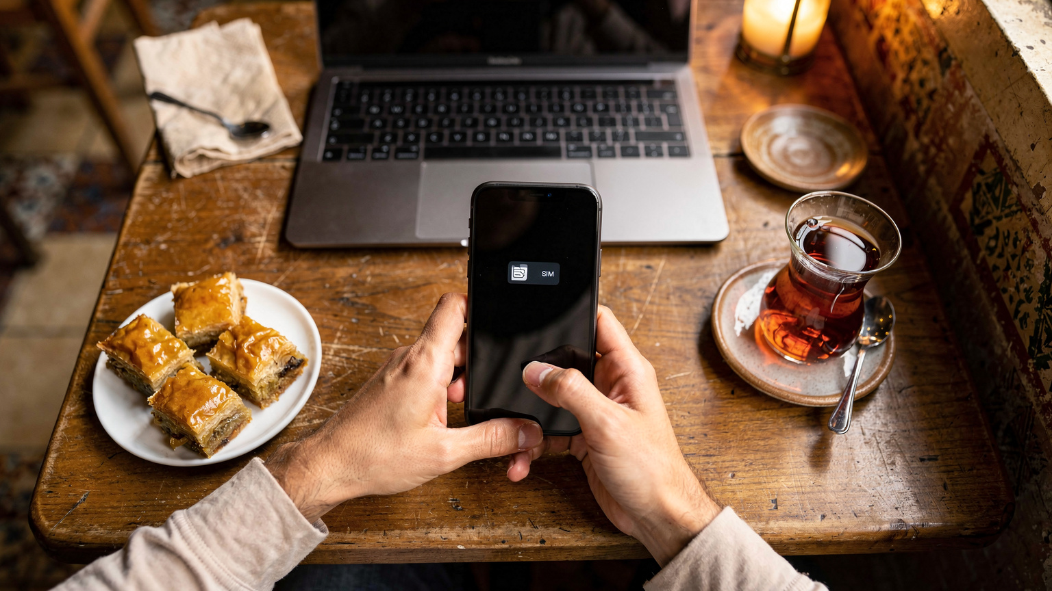 Ein Reisender aktiviert eine eSIM auf seinem Smartphone in einem Café in Kairo, mit traditionellen Teetassen und einem Laptop auf dem Tisch.