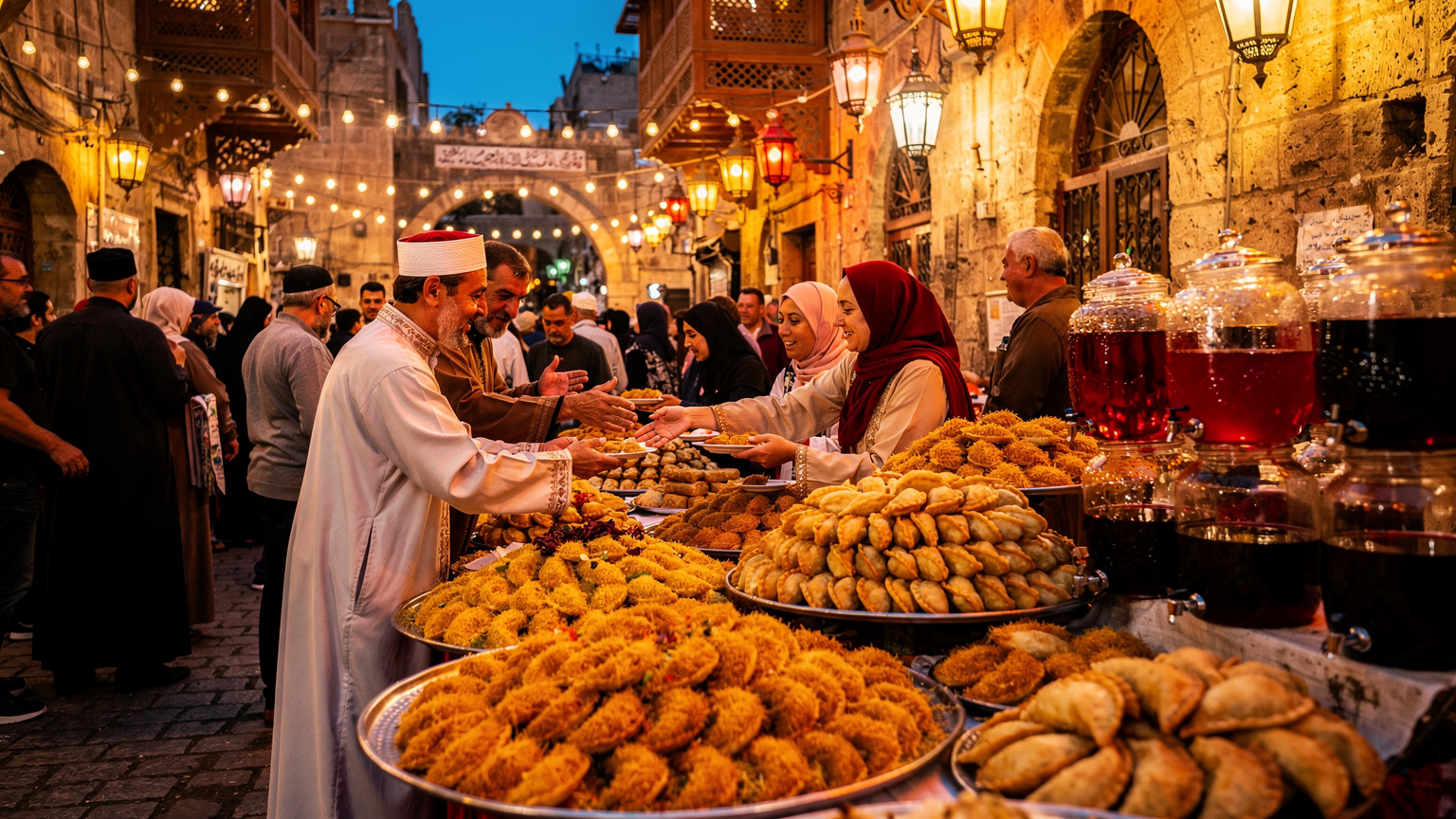 Ein belebter Abendmarkt in Kairo während des Ramadans, mit Straßenhändlern, die traditionelle Süßigkeiten und Getränke anbieten, während die Menschen zum Iftar zusammenkommen.