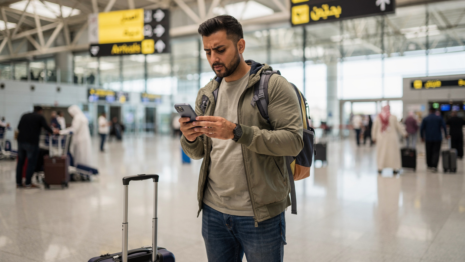 Un viajero en el Aeropuerto Internacional de El Cairo usa su teléfono para organizar un taxi, con la terminal bulliciosa de fondo.