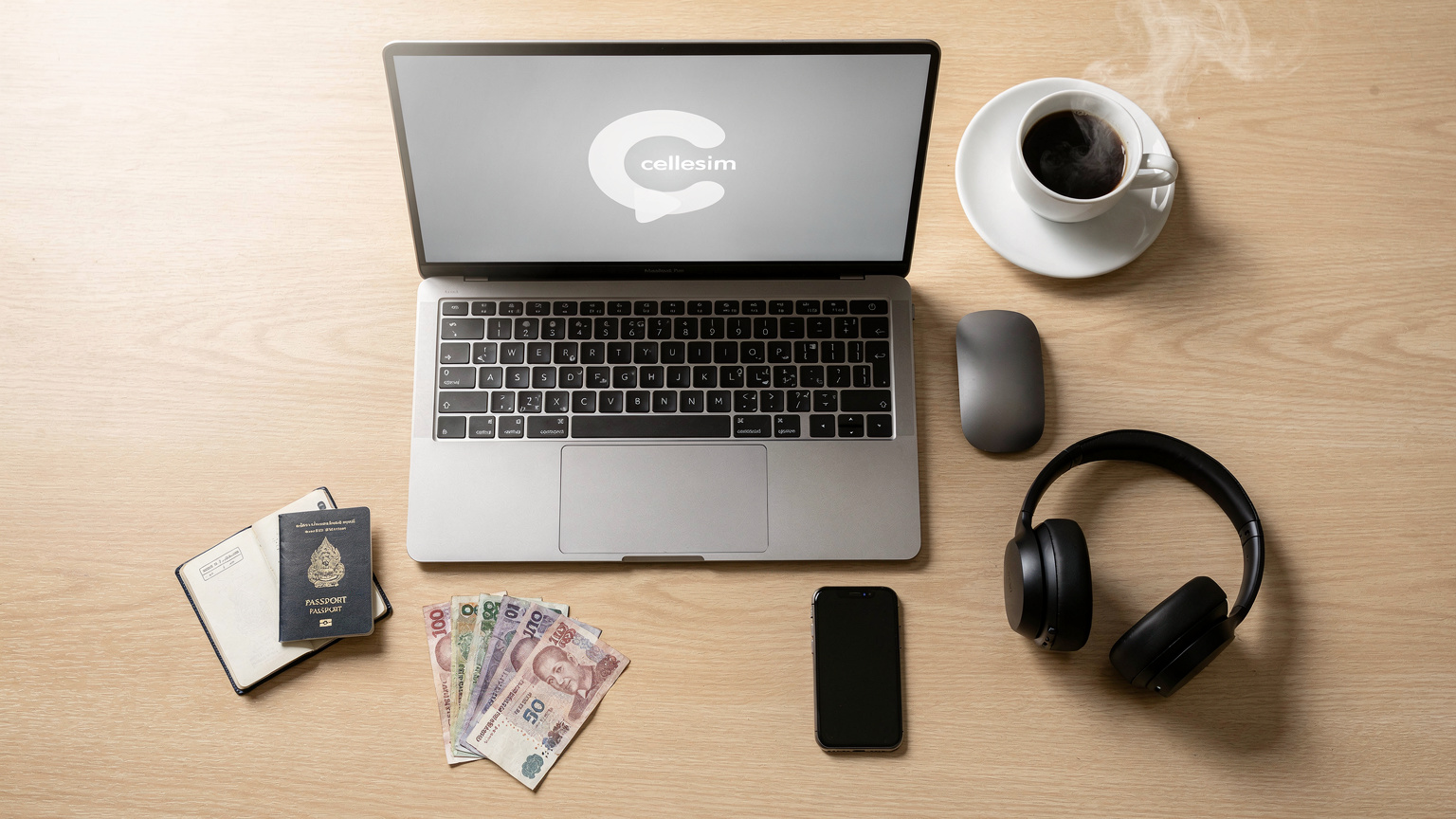 An overhead flat-lay of a digital nomad's desk: a laptop showing a Cellesim logo, a passport, a local currency banknote (e.g., Thai Baht), a coffee cup, and noise-canceling headphones, indicating travel and work.