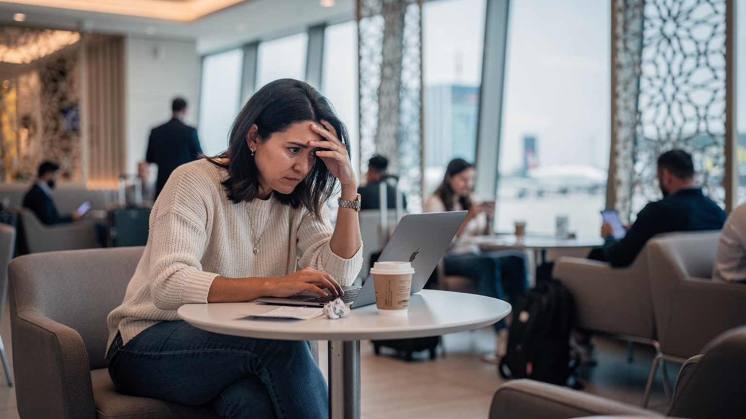 A digital nomad in a busy airport lounge in Dubai, looking stressed as she checks her laptop screen, indicating a connectivity issue with her phone.