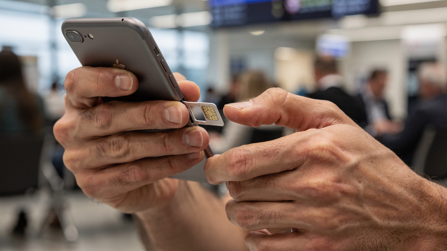 Uma mão segura um smartphone com o slot do chip SIM aberto, enquanto a outra mão, com os dedos, tenta inserir um chip físico minúsculo, expressando frustração. O fundo está ligeiramente desfocado, sugerindo um ambiente de viagem movimentado, como um aeroporto ou estação de trem.