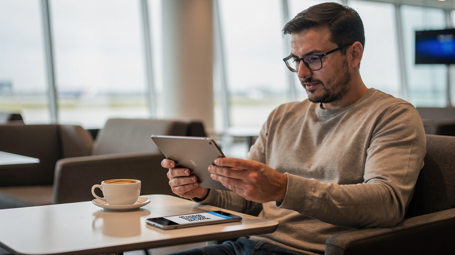 Um homem com óculos está sentado em um lounge de aeroporto moderno e bem iluminado, usando um tablet para escanear um QR code em seu smartphone, enquanto uma xícara de café está sobre a mesa à sua frente. Ele está ativando um eSIM antes de embarcar em seu voo.