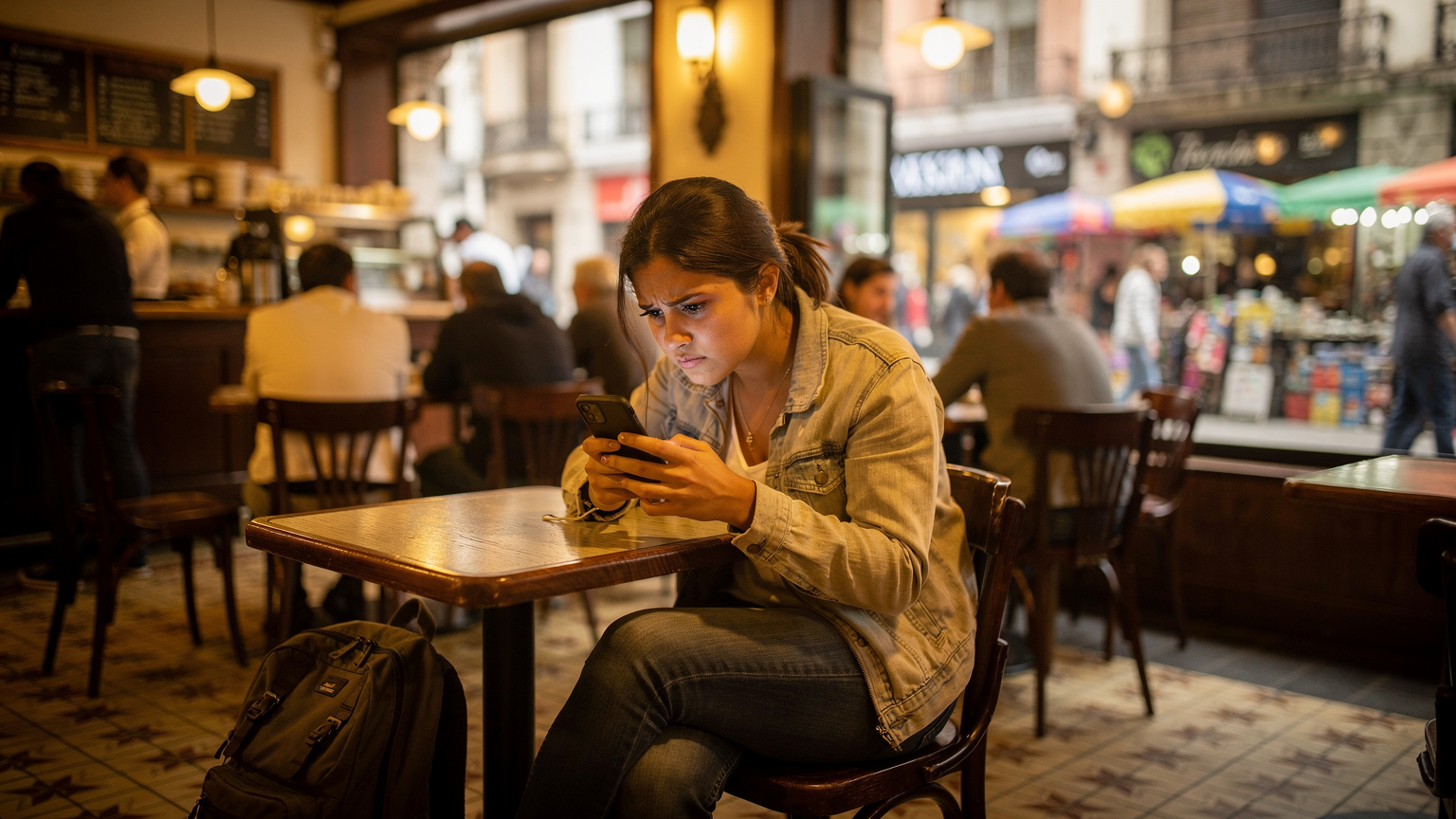 Uma mulher jovem sentada em uma cafeteria movimentada na Rua Florida, em Buenos Aires, com um casaco leve e uma mochila ao lado. Ela olha para o seu telefone com uma expressão de frustração ou preocupação, com o café e o movimento da rua ao fundo.