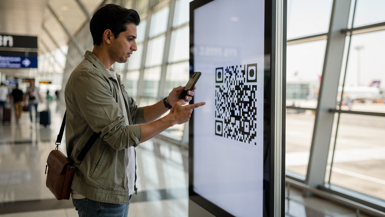 Ein Reisender scannt einen QR-Code, um seine eSIM in einer geschäftigen Halle des Cairo International Airport zu aktivieren.