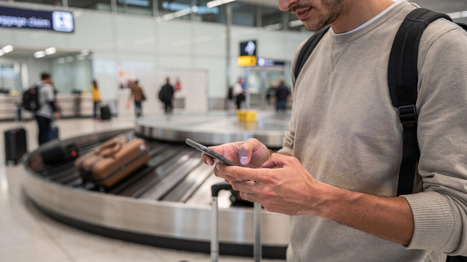 Un viajero activa su eSIM en un smartphone mientras espera en la zona de recogida de equipajes del aeropuerto de Madrid-Barajas.
