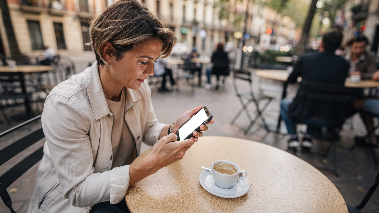 Un nómada digital compara precios de alquiler de apartamentos en su smartphone mientras toma un café en una terraza en el barrio de Sant Antoni, Barcelona.