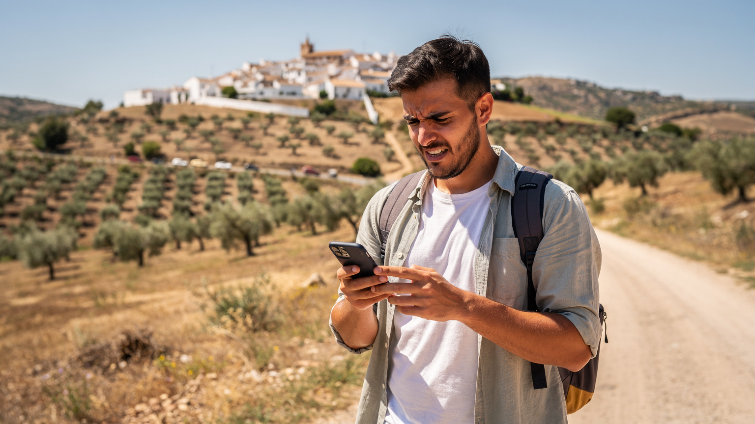 Un joven turista mira su smartphone con una expresión de frustración, mientras está en una zona rural de España con poca señal de teléfono en la pantalla.