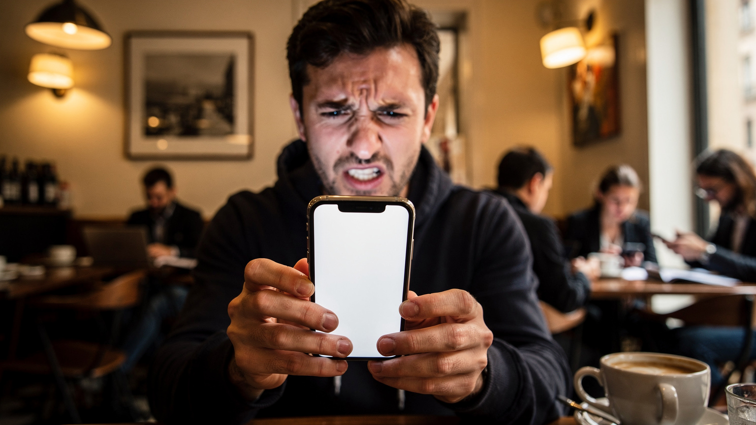 Un viaggiatore frustrato tenta di caricare una pagina web lenta sul suo smartphone, con un'espressione di sconforto. Si trova in un caffè affollato, il tablet e le cuffie sul tavolo, a indicare un tentativo di lavorare.