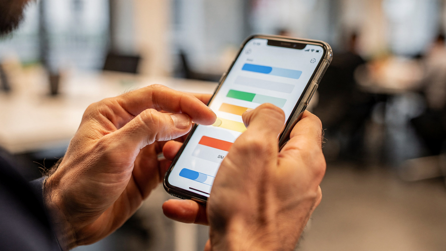 Un primo piano di mani che scorrono il dito su uno smartphone, mostrando l'interfaccia di un'app eSIM con un indicatore chiaro del consumo dati, su uno sfondo leggermente sfocato che suggerisce un ambiente di co-working.