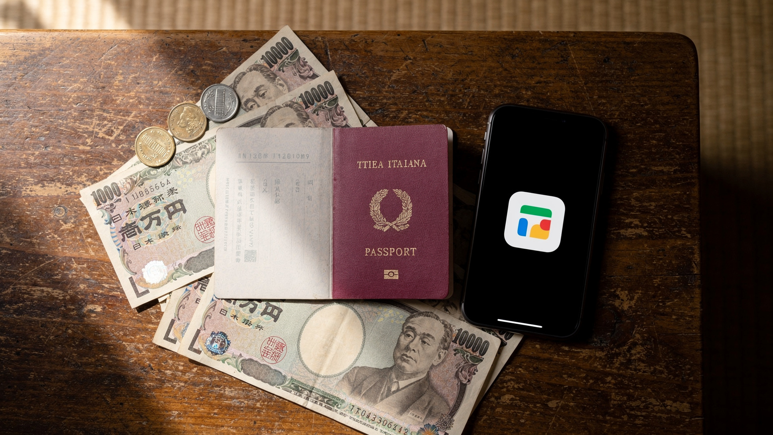 Un primo piano di un passaporto aperto e uno smartphone che mostra l'icona di un'app bancaria, con valute locali (es. Yen giapponesi) sparse casualmente su un tavolo di legno in un ryokan tradizionale.