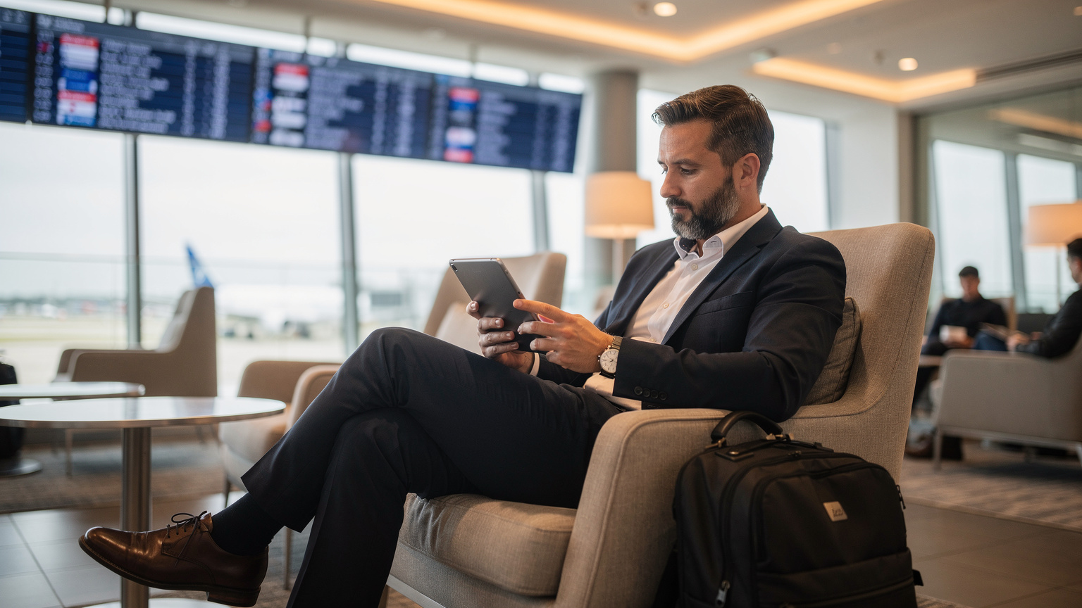 Ein Geschäftsreisender sitzt in der Lounge des Frankfurter Flughafens und vergleicht auf einem Tablet verschiedene eSIM-Angebote und Tarife, während im Hintergrund ein Abflugboard zu sehen ist.