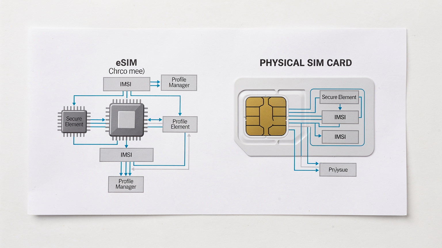 Eine detaillierte schematische Darstellung der internen Komponenten einer eSIM im Vergleich zu einer physischen SIM-Karte, mit hervorgehobenen Unterschieden in der Datenspeicherung und Profilverwaltung.