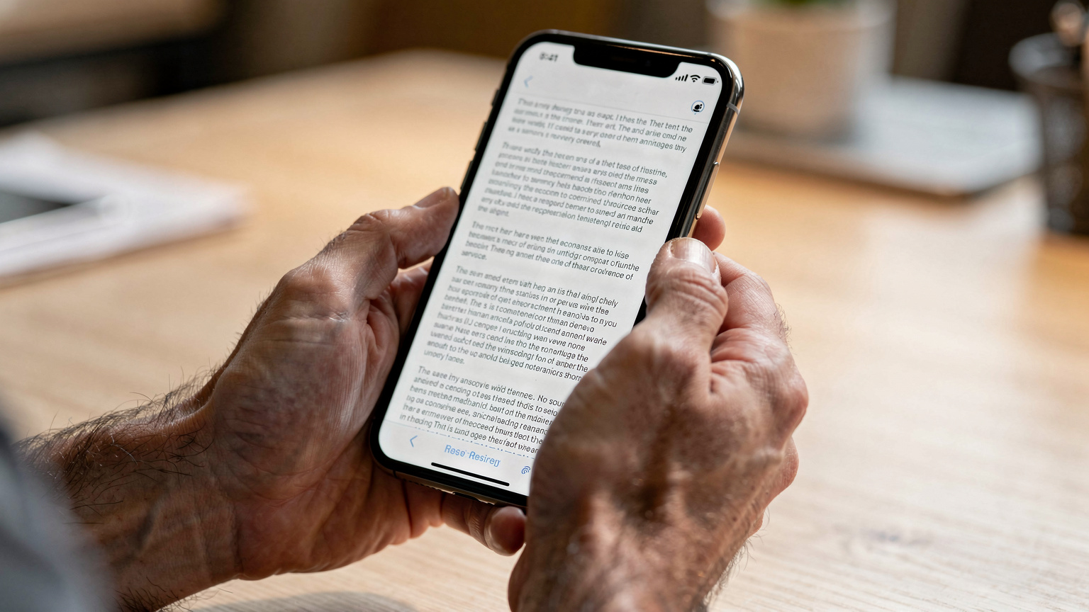 Eine Nahaufnahme von Händen, die ein Smartphone halten, auf dessen Bildschirm eine generische Datenschutzrichtlinie oder Nutzungsbedingungen in deutscher Sprache angezeigt werden.
