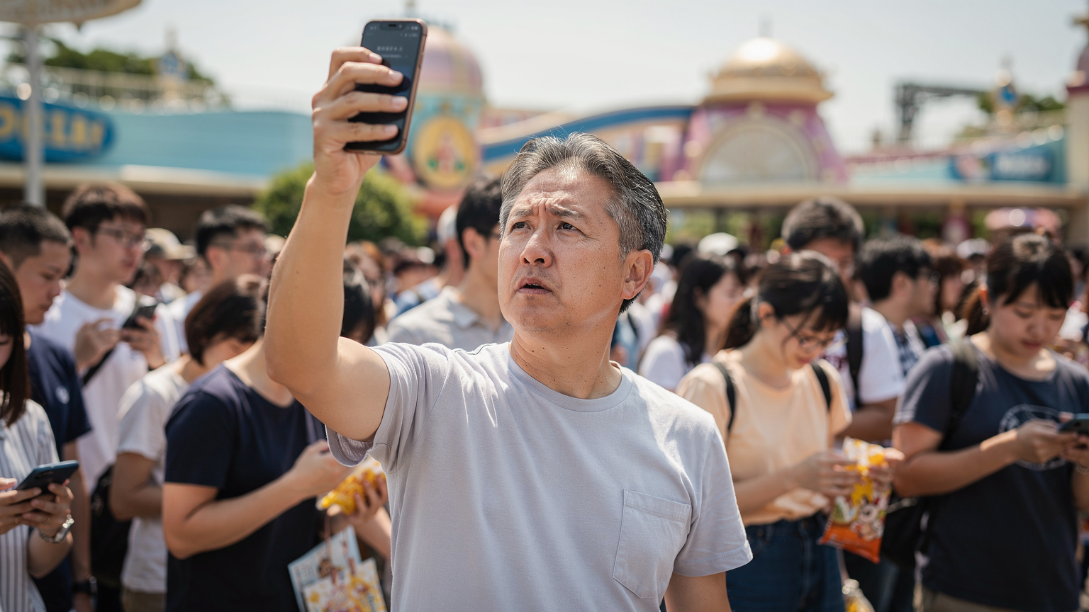 日本のテーマパークで、多くの人が集まるアトラクションの列で、スマートフォンをかざして通信状況を確認している父親の様子。背景には賑やかなアトラクションの一部が見える。