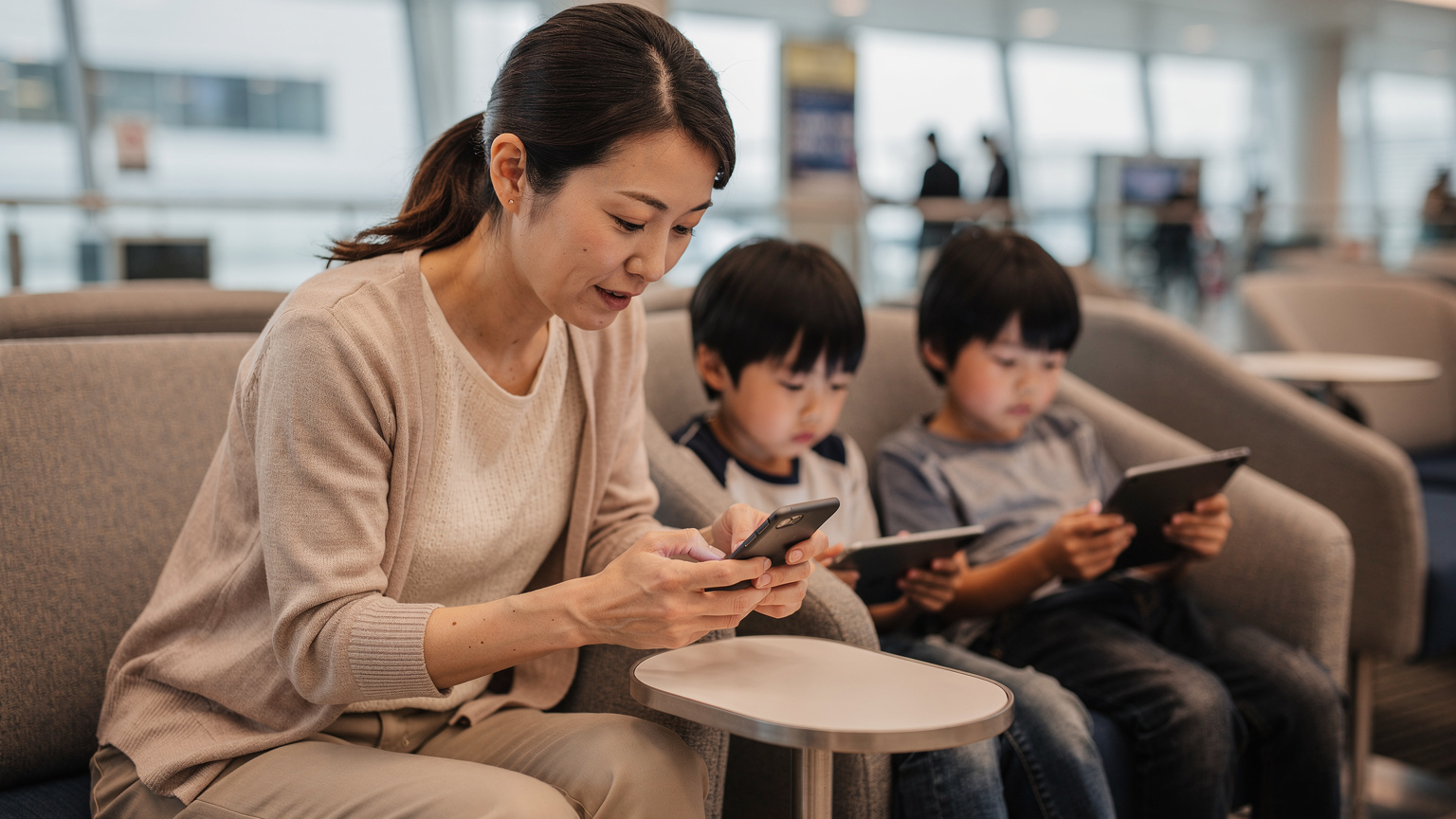 空港の待合室で、母親が自分のスマートフォンのテザリング設定を調整し、子どもたちのiPadと接続している様子。