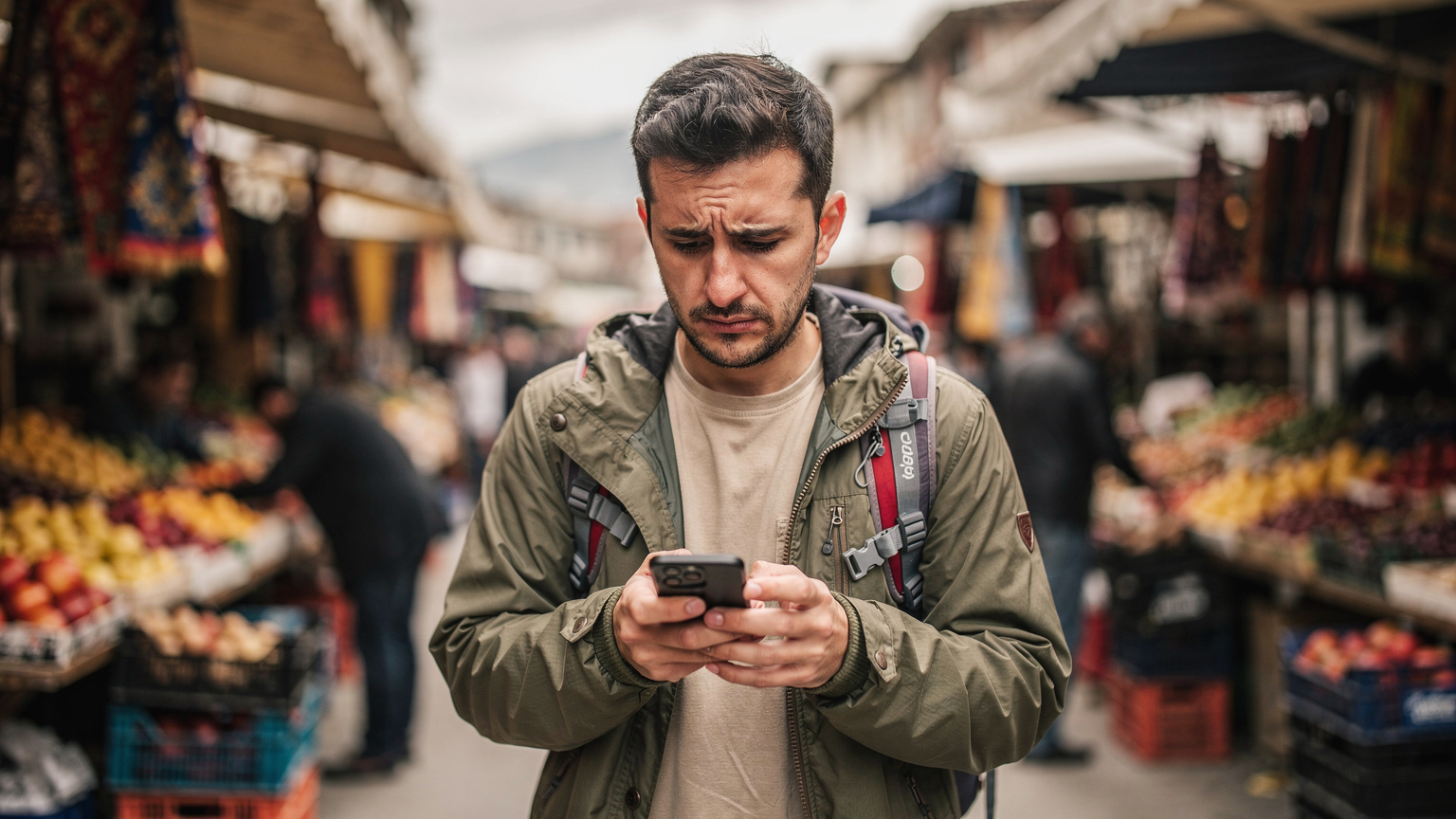 Cestovatel s úzkostným výrazem kontroluje svůj telefon na rušném trhu v Tiraně, zjevně řeší problém s připojením.