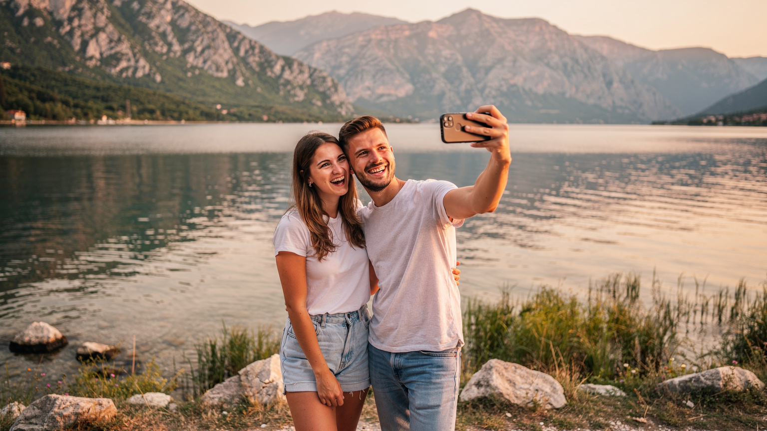 Mladý pár se usmívá a fotí selfie na pozadí Skadarského jezera v severní Albánii, zatímco si užívají mobilní konektivitu.