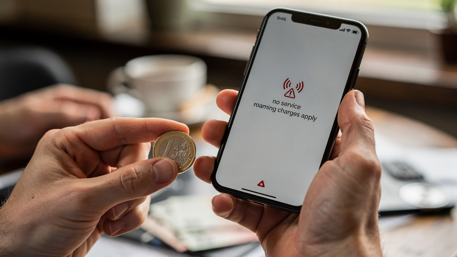 A close-up of a traveler's hands, one holding a smartphone displaying a 'No Service' or 'Roaming Charges Apply' message, the other hand holding a local currency coin in a gesture of contemplation or frustration.