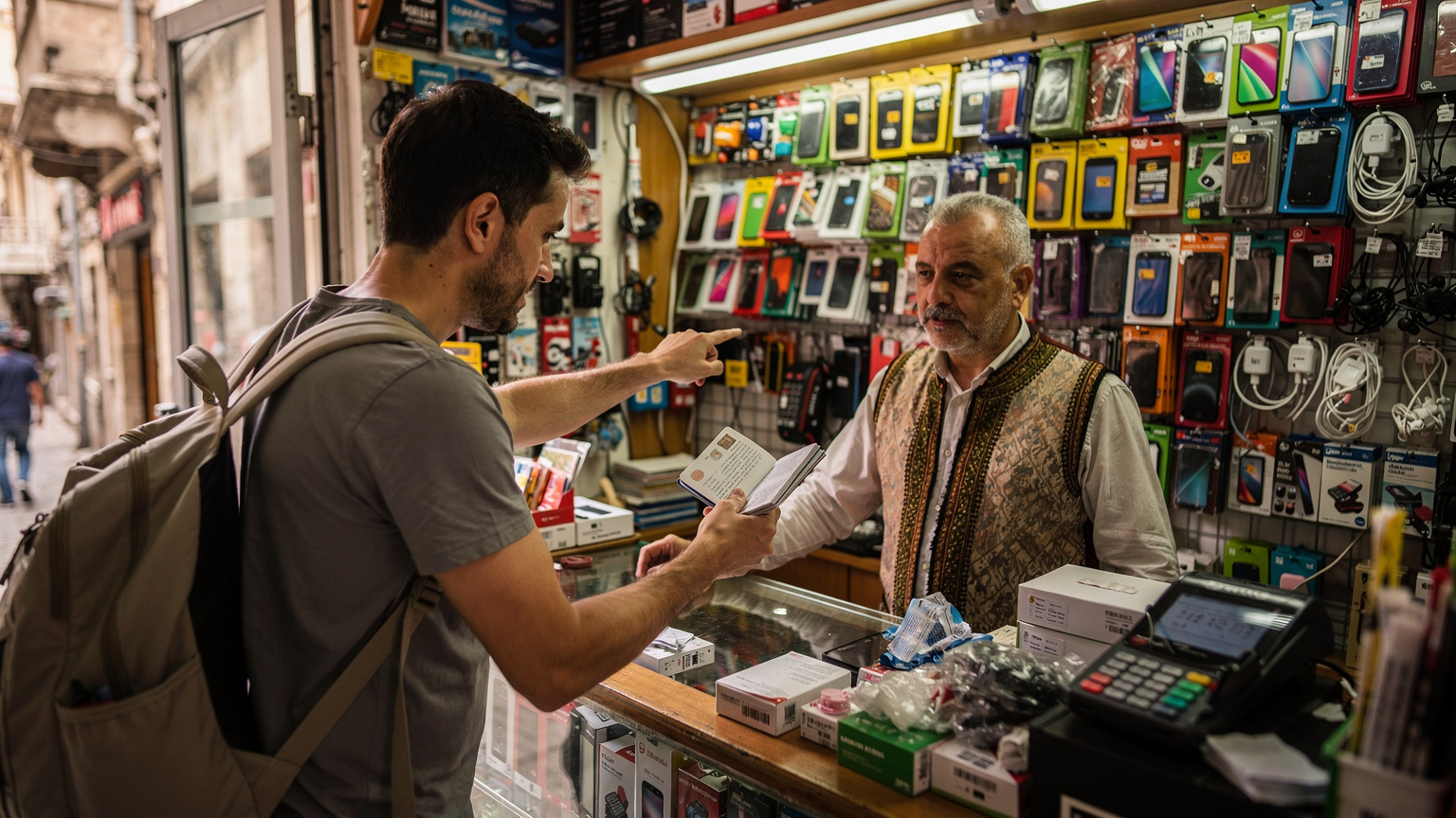 A traveler at a small, colorful local mobile shop counter in Istanbul, presenting their passport to a shopkeeper while pointing to a display of SIM cards.