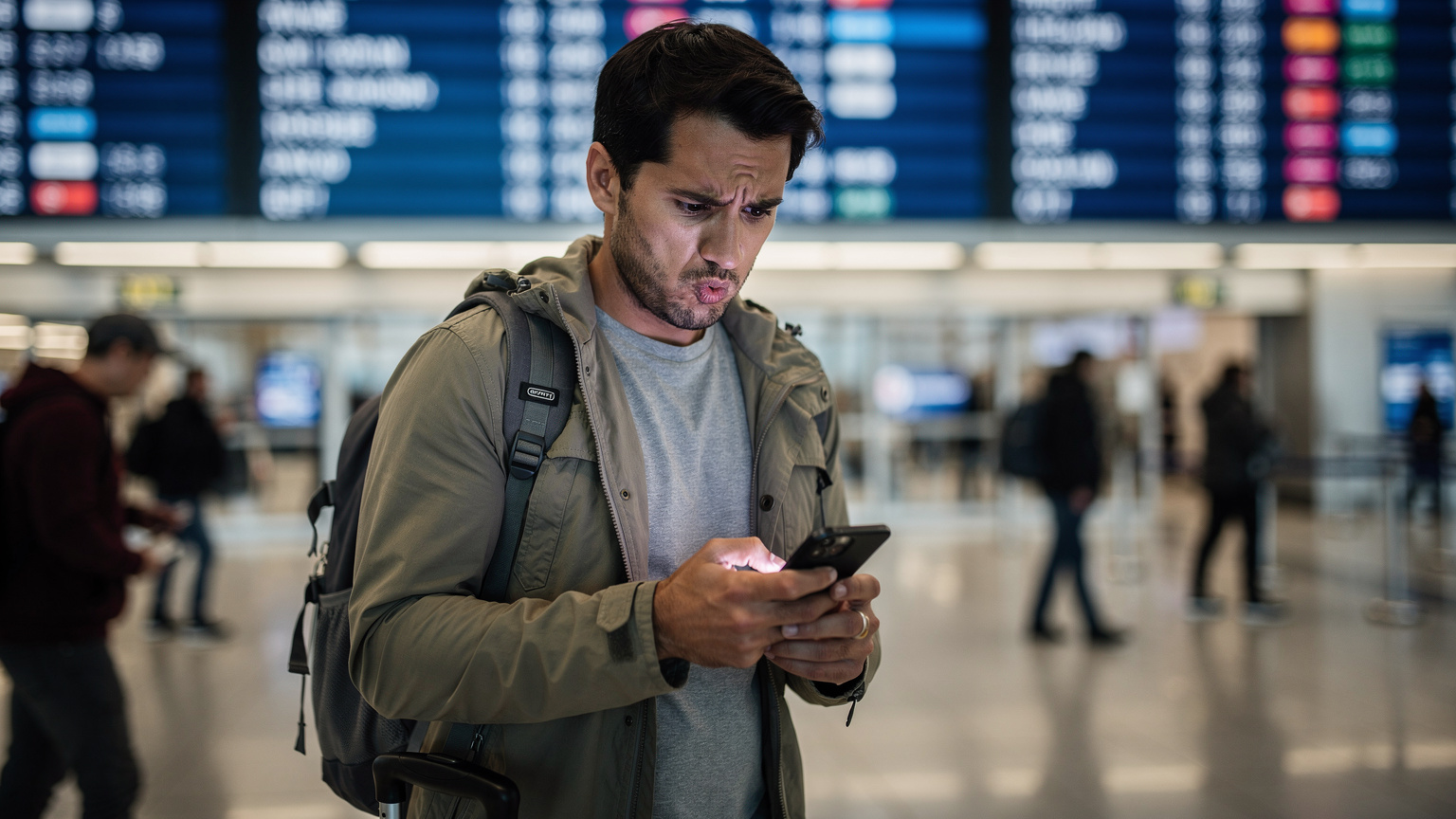 A traveler looking confused and frustrated at their phone screen, standing in front of an airport arrivals board in a foreign city.
